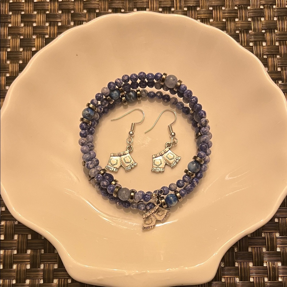 Hand Crafted Blue Beaded Bracelet and Earring Set